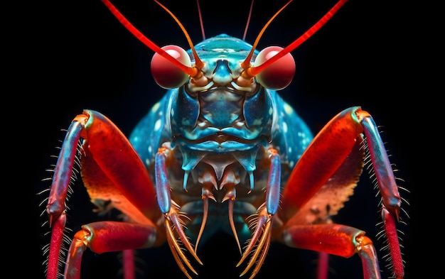 A close up of a blue and red sea bug