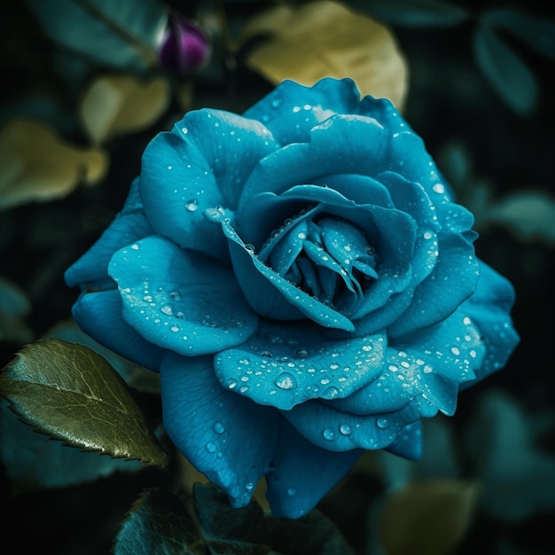 A close up of a blue rose with water droplets on it generative ai