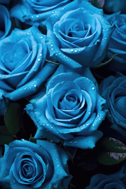 Close up of blue roses with water drops created using generative ai technology