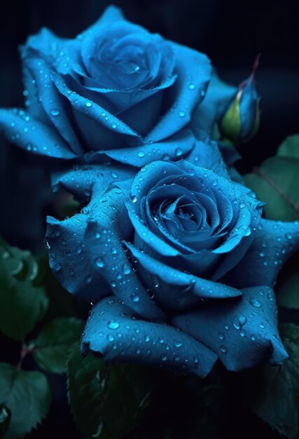 Close up of blue roses with water drops created using generative ai technology