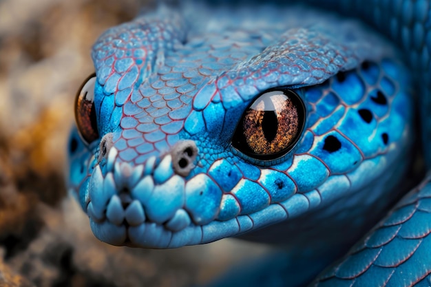 Close up of blue snake's head with brown eye Generative AI