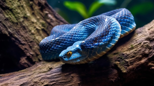 Close up of a blue snake on a tree trunk generative ai illustration