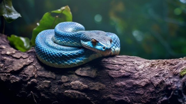 Close up of a blue snake on a tree trunk generative ai illustration