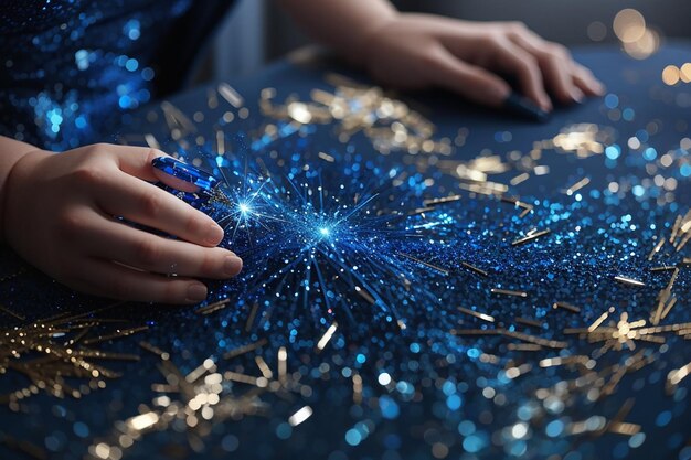 Photo close up on blue sparks and glitter