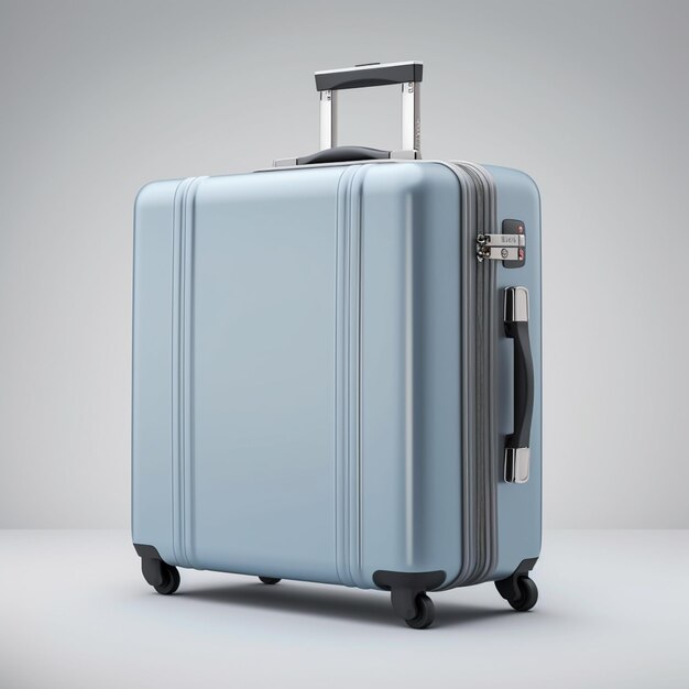 A close up of a blue suitcase with a handle on wheels generative ai