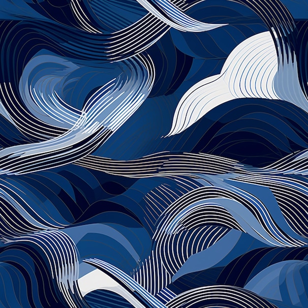 A close up of a blue and white abstract pattern with waves generative ai