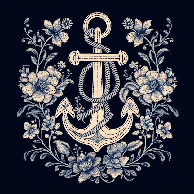 Photo a close up of a blue and white anchor with flowers generative ai
