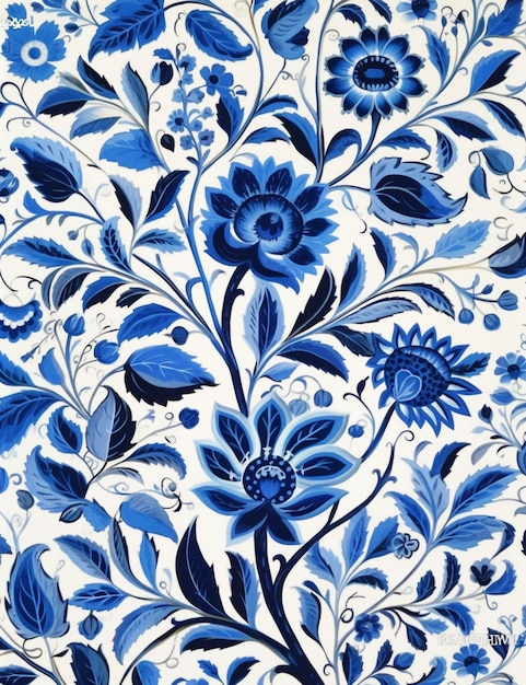 A close up of a blue and white floral design on a wall generative ai