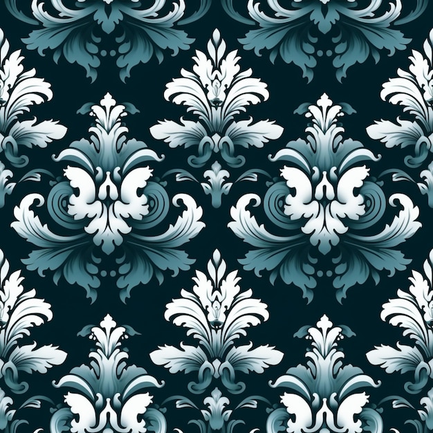 a close up of a blue and white floral pattern on a black background generative ai