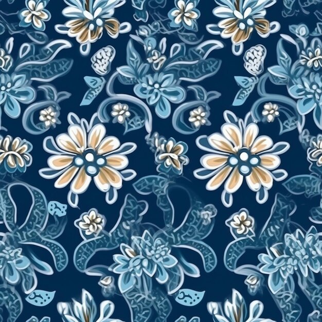 a close up of a blue and white floral pattern generative ai