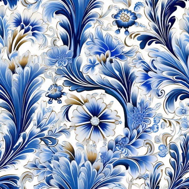 a close up of a blue and white floral pattern on a white background generative ai