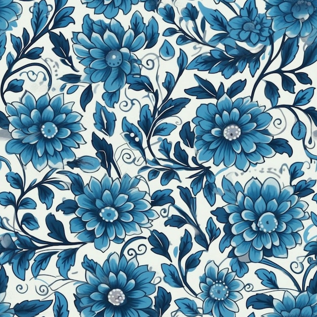 A close up of a blue and white floral pattern on a white background generative ai