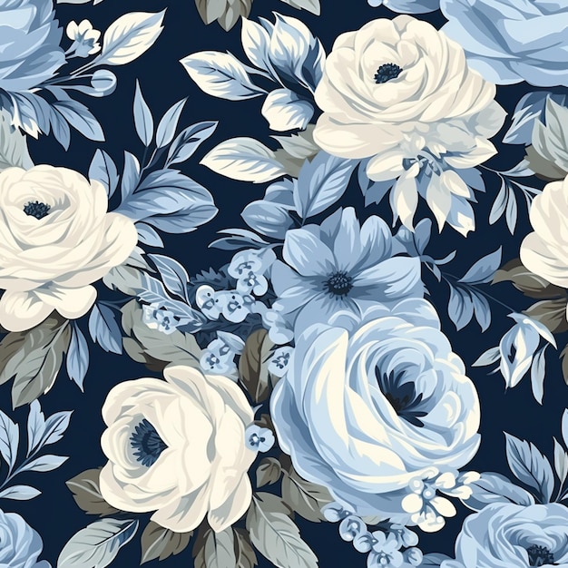 a close up of a blue and white floral pattern with leaves generative ai