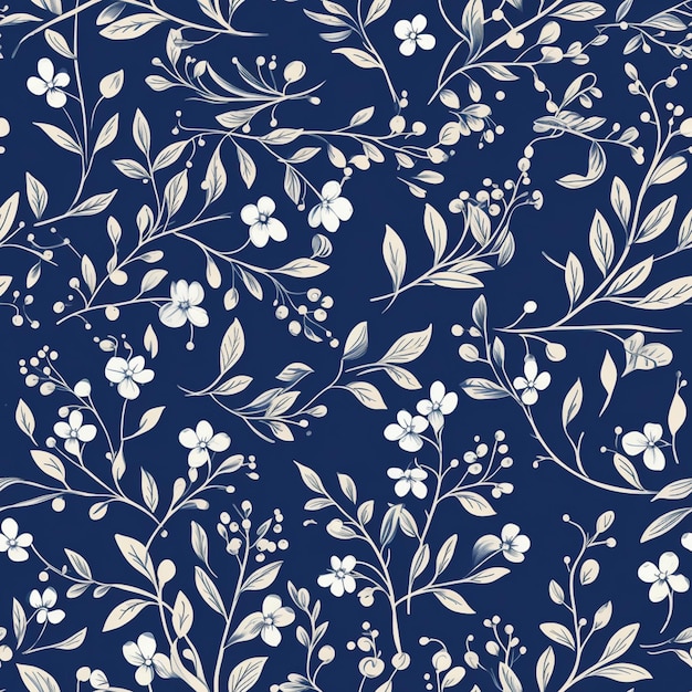 близкое изображение сине-белого цветочного узора с листьями генеративными ai