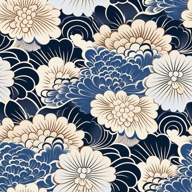 A close up of a blue and white floral pattern with a white background generative ai