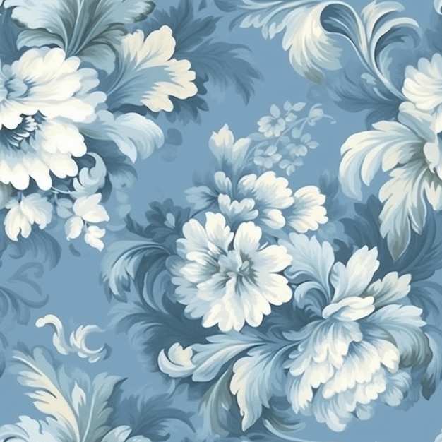 A close up of a blue and white floral wallpaper generative ai