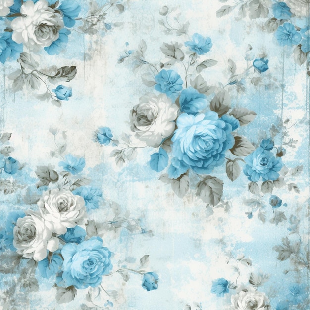 A close up of a blue and white floral wallpaper with roses generative ai