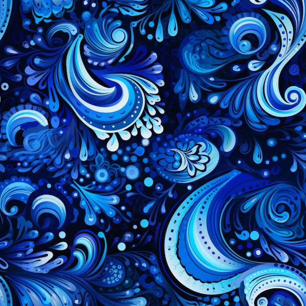 검정색 배경 생성 ai에 파란색과 흰색 페이즐리 패턴을 닫습니다.