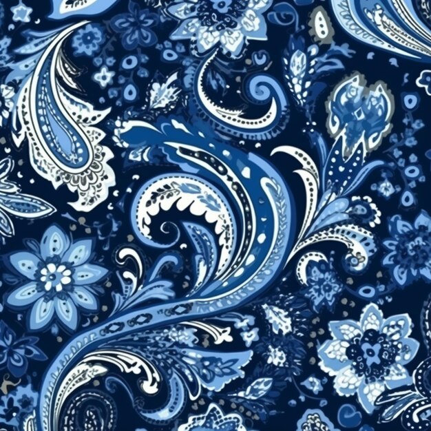 a close up of a blue and white paisley print fabric generative ai