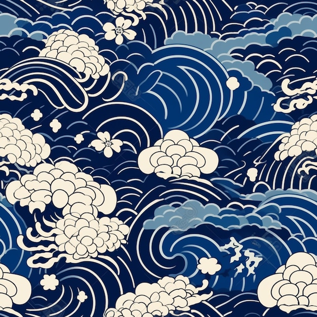 A close up of a blue and white pattern with clouds generative ai