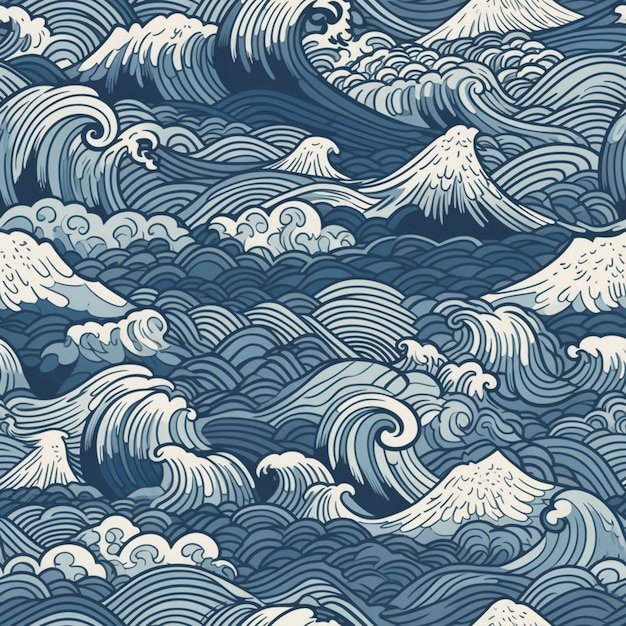 A close up of a blue and white pattern with waves generative ai