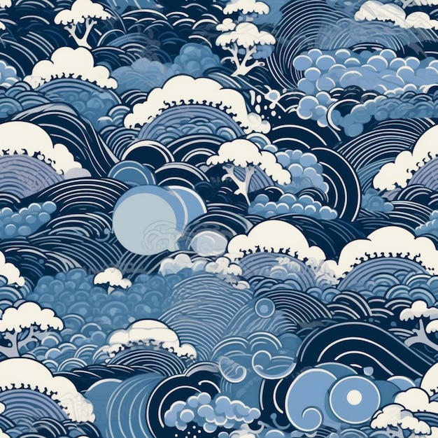 A close up of a blue and white pattern with waves generative ai