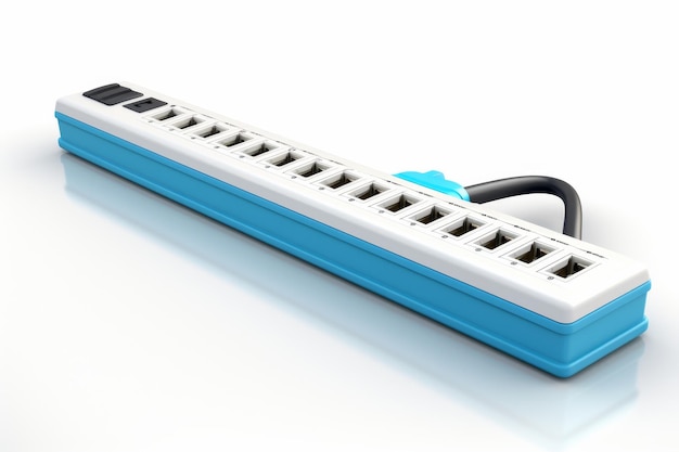 Close Up of Blue and White Power Strip On a White or Clear Surface PNG Transparent Background