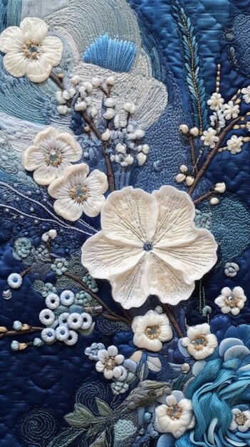 A close up of a blue and white quilt with flowers generative ai