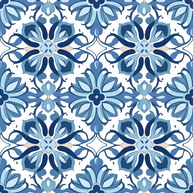 A close up of a blue and white tile pattern with a flower generative ai