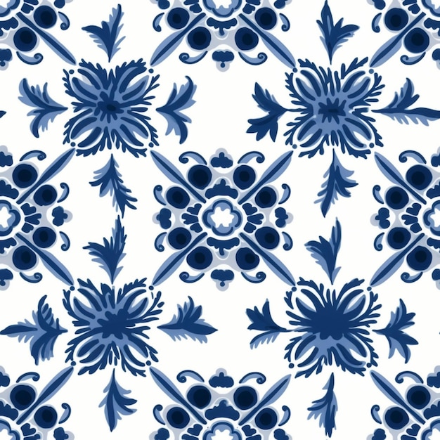 a close up of a blue and white tile with a flower design generative ai