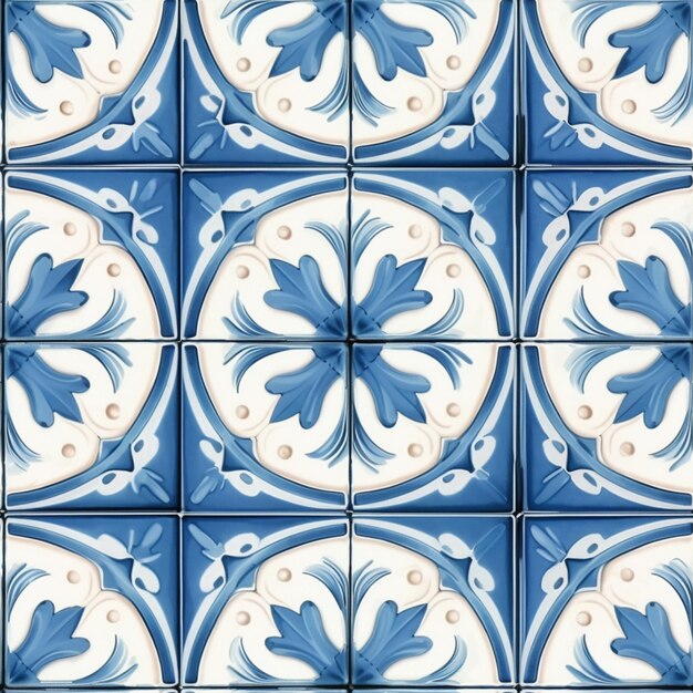 Photo a close up of a blue and white tile with a flower generative ai