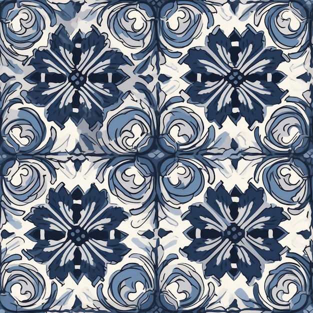 A close up of a blue and white tile with a pattern generative ai