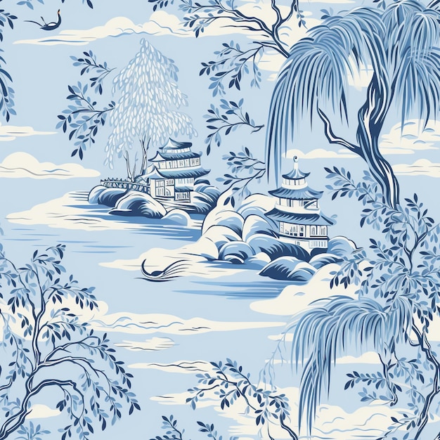 a close up of a blue and white wallpaper with a river and trees generative ai