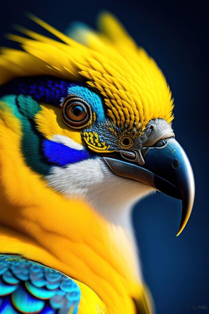 Close up of a blue and yellow bird