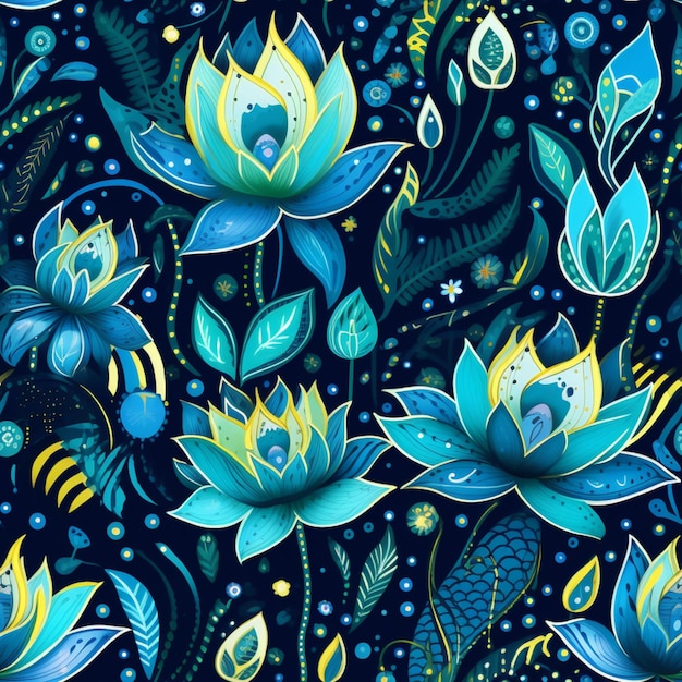 A close up of a blue and yellow flower pattern on a dark background generative ai