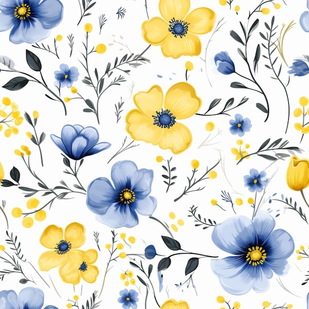 A close up of a blue and yellow flower pattern on a white background generative ai