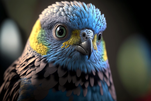 A close up of a blue and yellow parrot