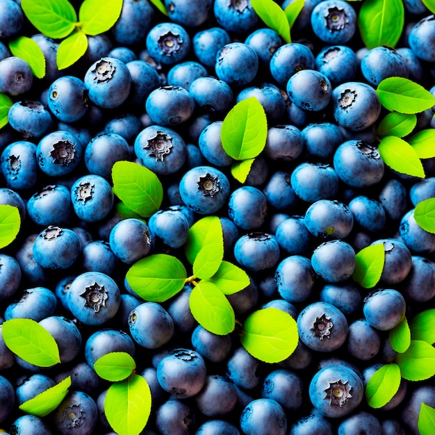 A close up of blueberries with green leaves on them