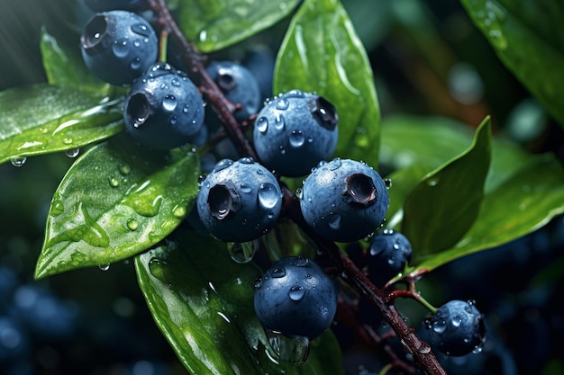 A close up of blueberries with raindrops on them