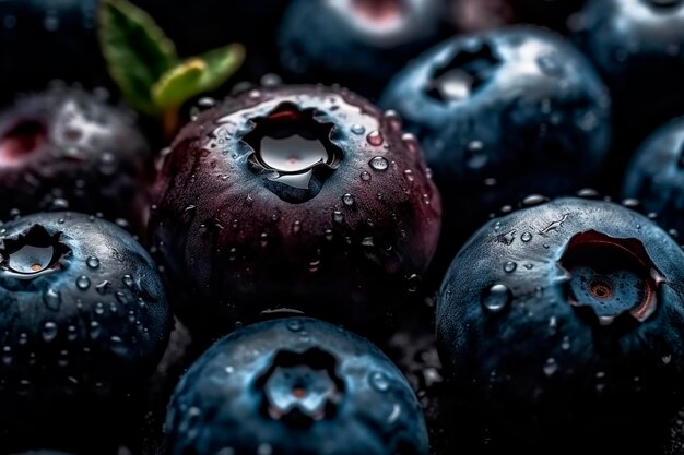 A close up of blueberries with water droplets on them