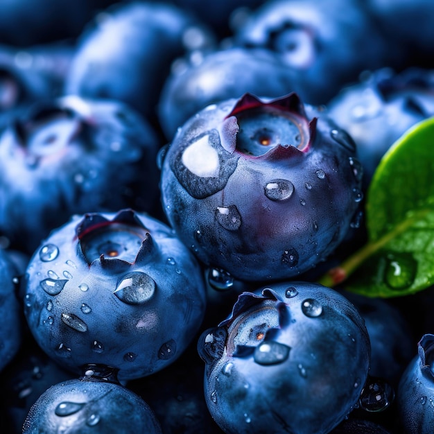 A close up of blueberries with water droplets on them