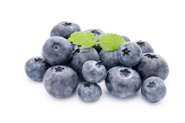 Close up of a blueberry branch isolated over white.