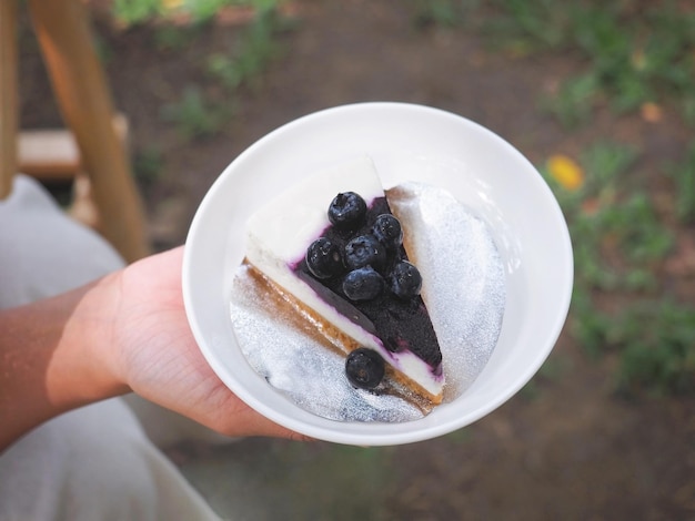 Close-up blueberry cheesecake serveren op witte plaat