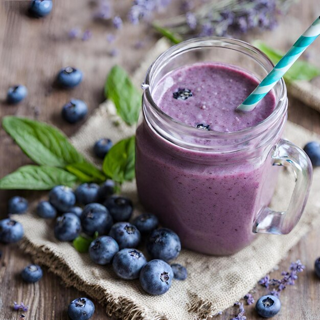 Close up of blueberry lavender smoothie and blueberry spread on the table