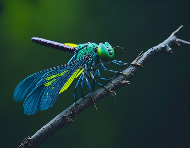 A close up bluegreen color dragonfly sitting on a piece of wood stick macro picture blur background Generative AI