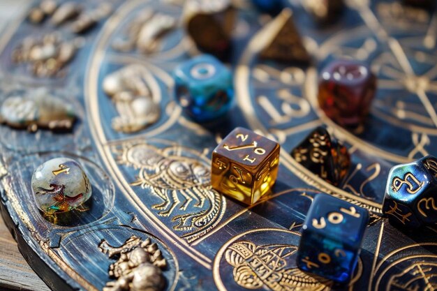 a close up of a board game with dice pieces on it