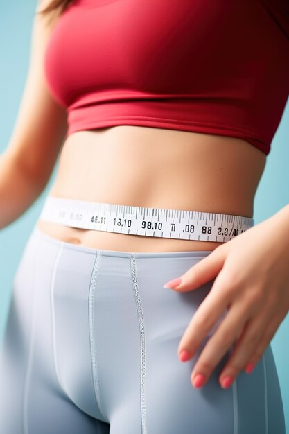 Close up body of girl measures waist with centimeter