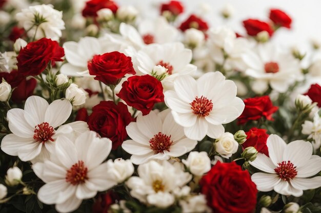 Foto close-up boeket van rode rozen met madeliefjes