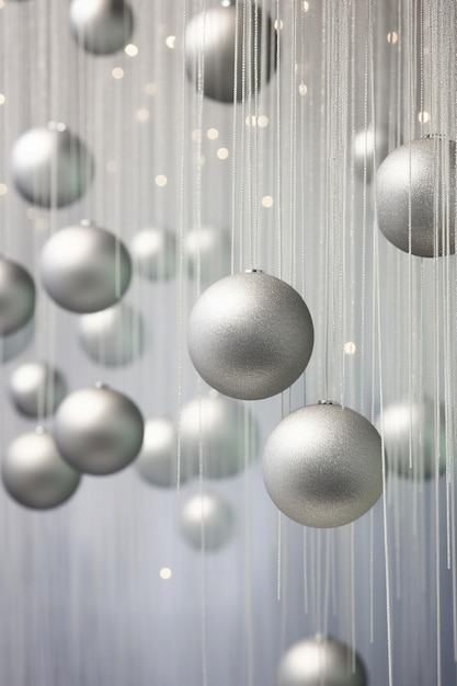 close-up bolletjes garen zweven op een zilveren achtergrond met een nieuwjaarsthema met bohem-effect