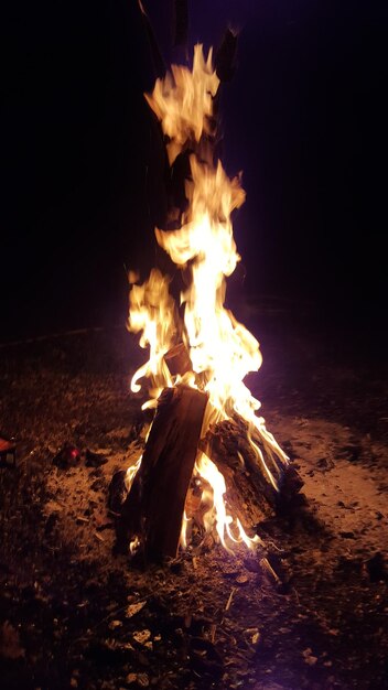 Close-up of bonfire on field at night